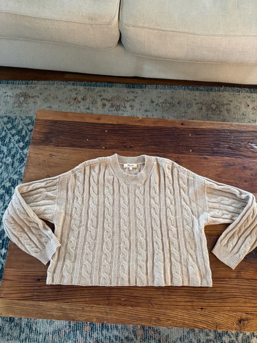 Madewell Cable-Knit Crewneck Sweater in Light Beige